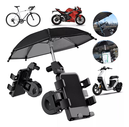Soporte Porta Celular con Mini Paraguas 🚴‍♂️ Protección Solar y Lluvia, para Moto y Bicicleta.